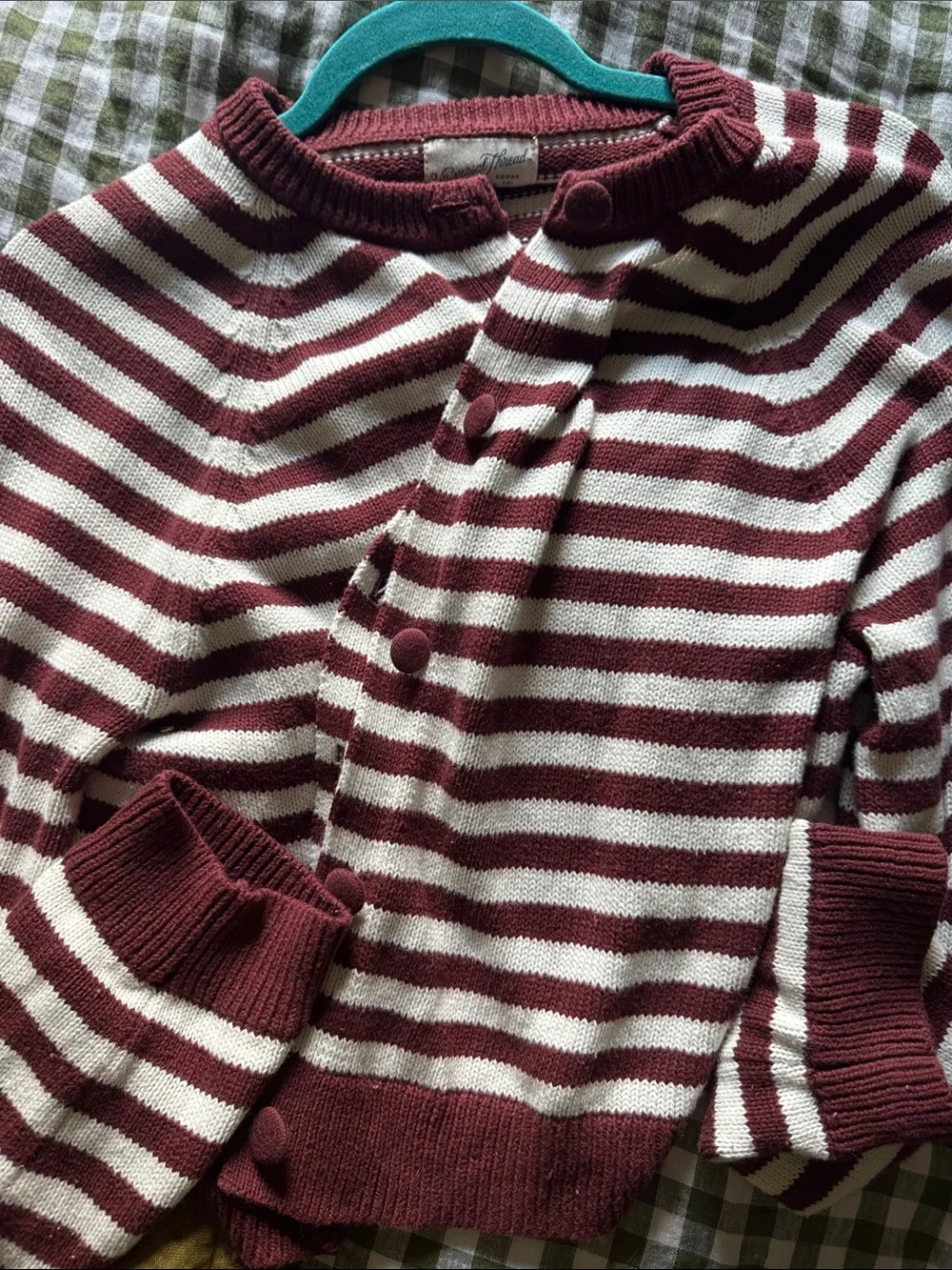 Striped Maroon & White Knit Cardigan Sweater